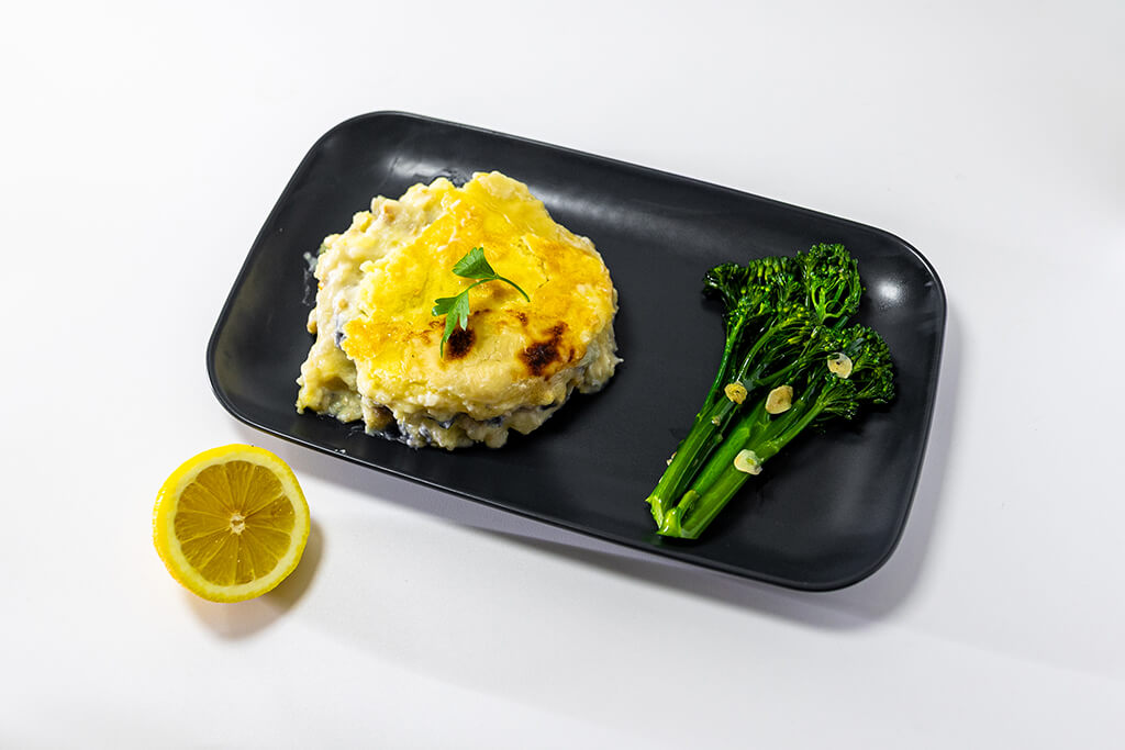 Fish Pie with a side of tender stem broccoli and half a lemon
